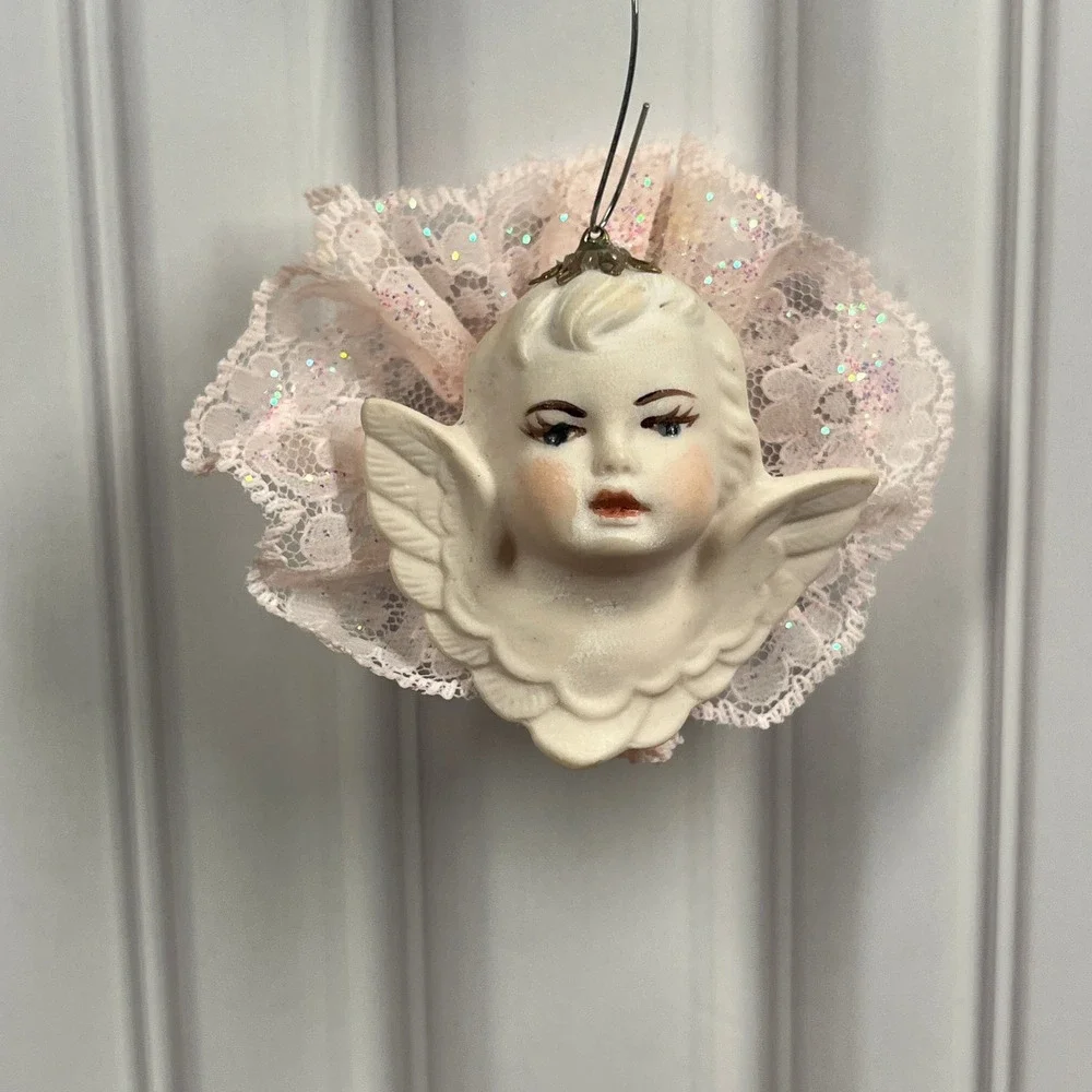 VTG Ceramic Cherub Angel Head Wings &‎ Sunburst Floral Christmas Ornaments Set
